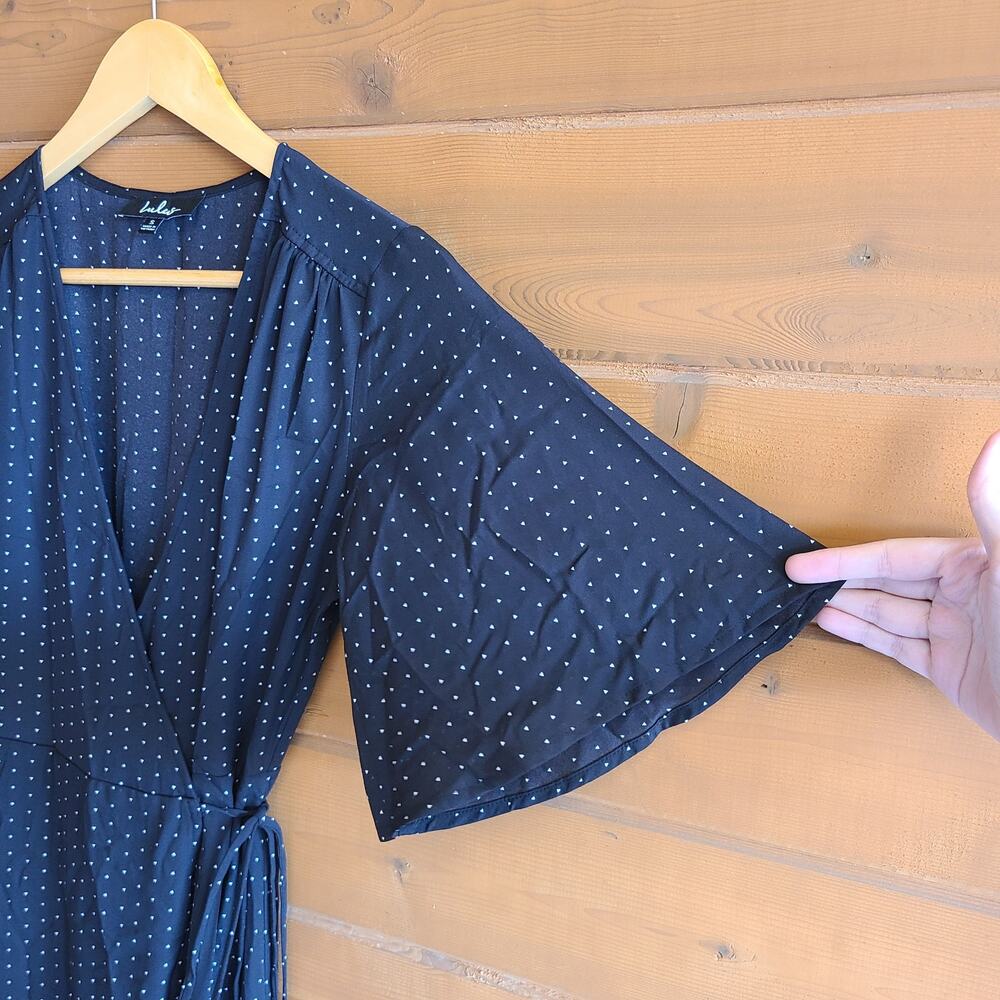 Lulu's Dress Farah Midi Wrap Flare Sleeve Dotted Small Vneck Tie Waist High Low - Picture 6 of 7
